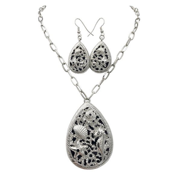 Mixed Sea Life Beach Black Silver Teardrop Necklace Earring Set - Picture 1 of 3